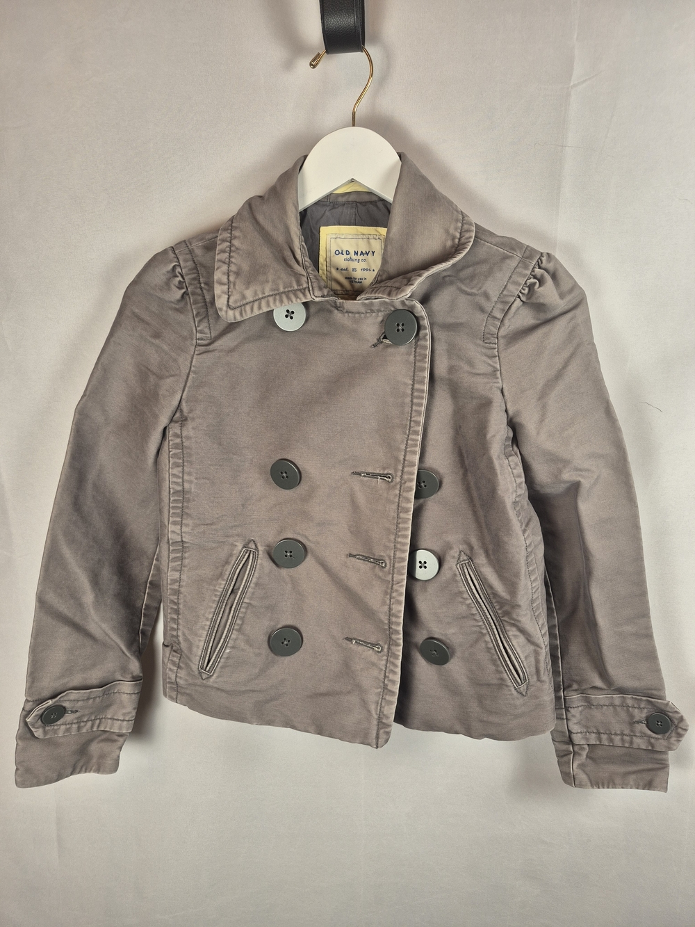 VTG Y2K Old Navy Double Breasted Jacket Coat Grey Cotton Short Peacoat XSmall